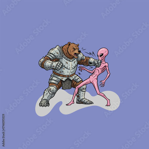 Bear Knight Punches Alien Fantasy Combat Illustration