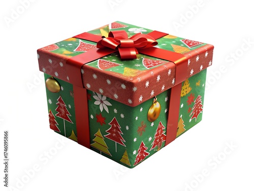 Festive Christmas Gift Box with Red Bow, Elegant Holiday Present Box Illustration, Classic Red and Gold Christmas Gift Box Vector Illustration 