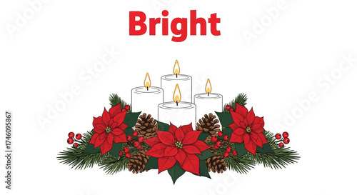 A bright christmas decoration with candles, poinsettias, pine cones, and berries isolated on white background