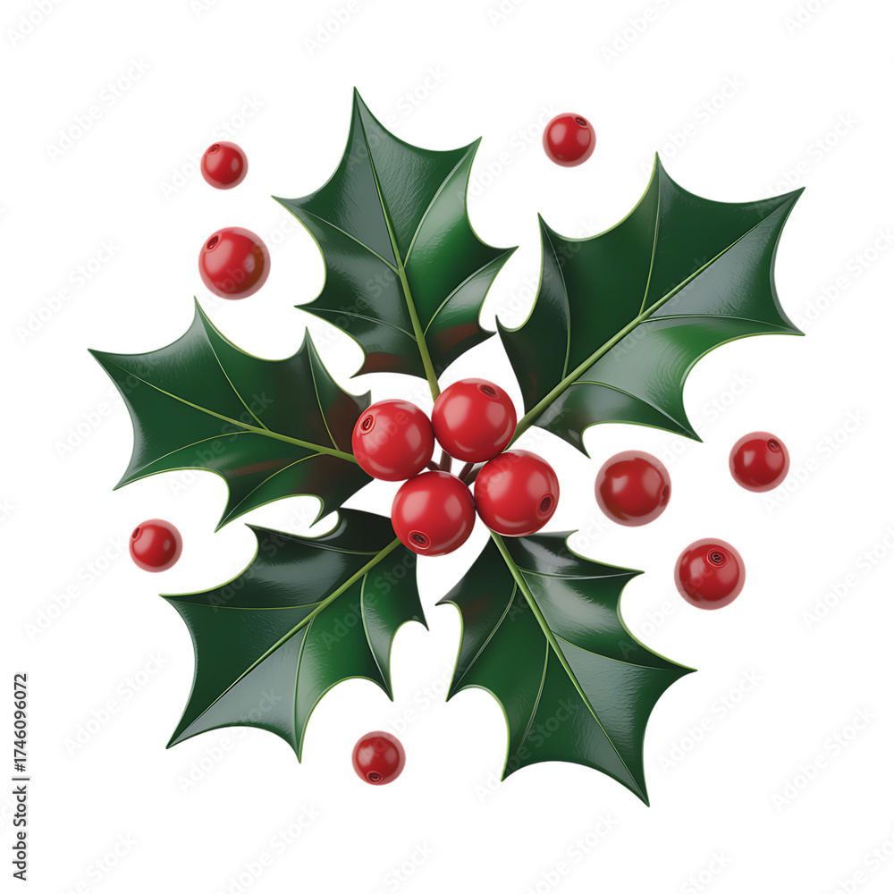 Fototapeta premium Green leaves and red berries holly