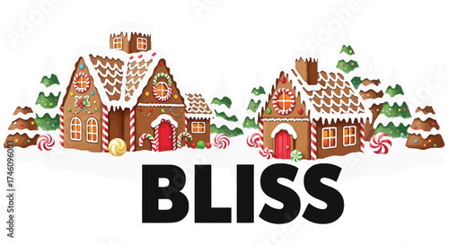 A christmas bliss with gingerbread houses and candy canes isolated on white background