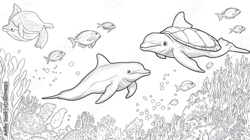 Fototapeta Naklejka Na Ścianę i Meble -  Dolphins, turtle, fish swim coral reef ocean coloring page