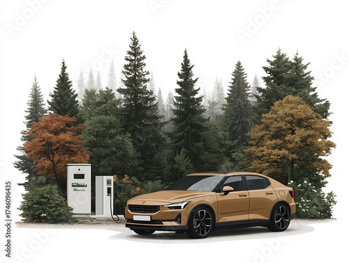 Polestar 2 electric car charging in a natural forest setting.