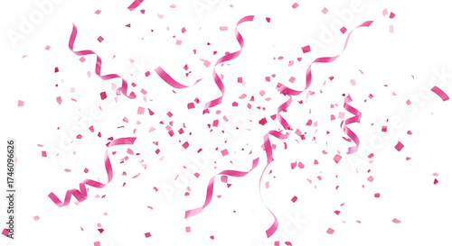 Pink confetti and ribbon streamers drifting in slow motion, transparent