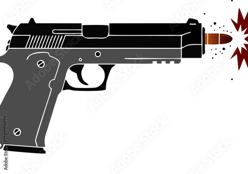Black Pistol Shooting Illustration on White Background