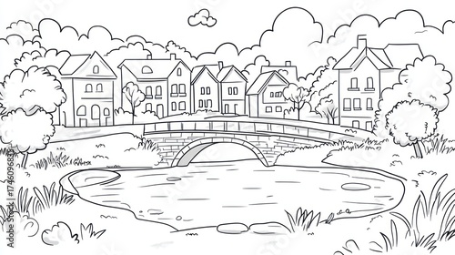 Wallpaper Mural Village bridge, river, houses, coloring page, idyllic scene Torontodigital.ca