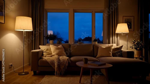 Cozy Living Room Interior at Night With Lamps on