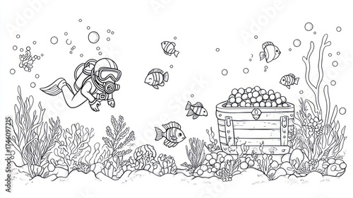 Fototapeta Naklejka Na Ścianę i Meble -  Underwater diver discovers treasure chest amidst coral reef