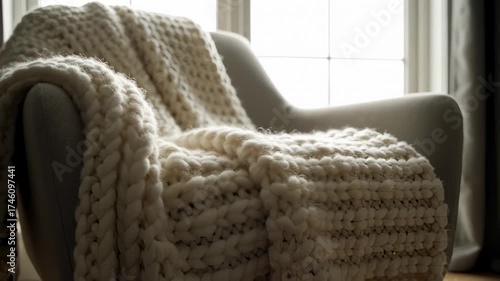 Armchair With White Wool Blanket by Window, Comfort Scene