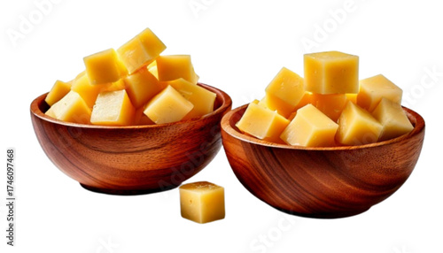 Delicious Cheese Cubes Displayed in Wooden Bowls, isolated on transparent background.