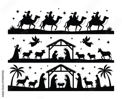 Christmas nativity scene vector silhouette with angels camels and animals