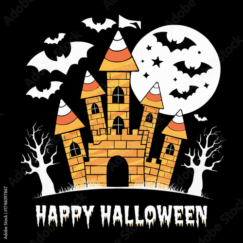 Spooky halloween castle with bats and full moon illustration