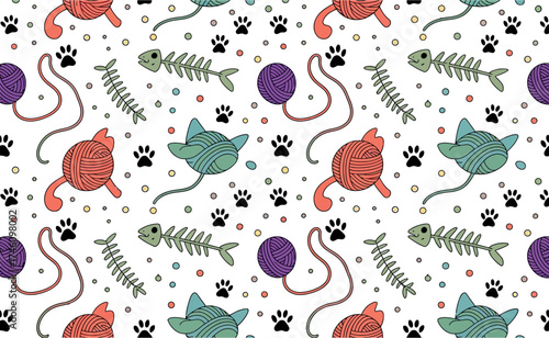 Whimsical cat playtime seamless repeating pattern featuring toys and paw prints vector