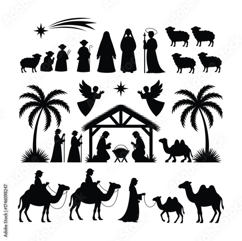 Christmas nativity scene vector silhouette with angels camels and palm trees