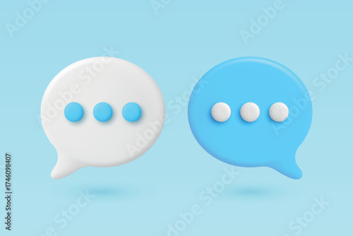 Vector 3d Chat Bubbles. White and Blue Speech Balloons with Dots. Modern Messenger Icon, Communication Symbol, Chat App UI Element, Social Media Message Design Template