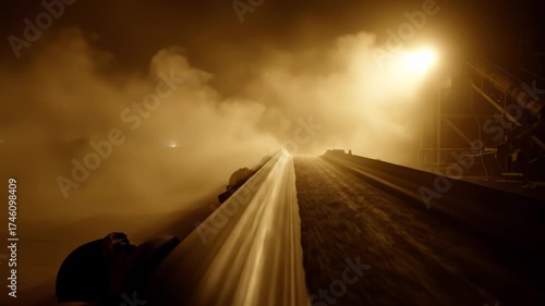 Conveyor Belt Moving in Smoky Industrial Setting