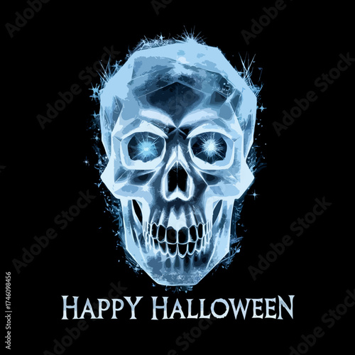 Eerie blue spectral skull with glowing eyes and happy halloween text