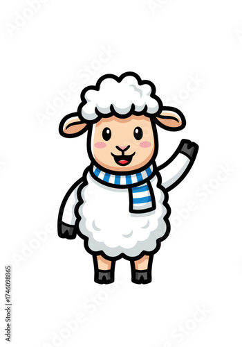 Cute cartoon sheep mascot with blue and white striped scarf, waving hand. This cheerful fluffy animal design features a friendly lamb character with black hooves and ears on a white background