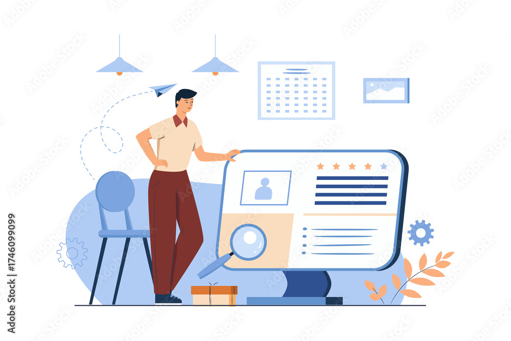 Fototapeta premium Recruiting And Searching for Application Candidates with Light Brown Shirt Man And Calendar on White Background Flat Design Illustration