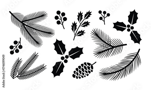 Christmas leaf pine branch holly berry and cone vector silhouettes