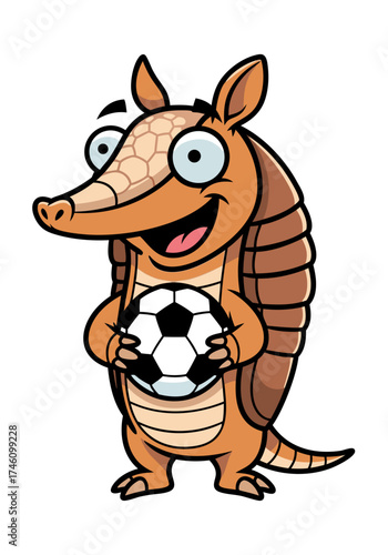 A cheerful cartoon armadillo mascot with googly eyes holds a soccer ball. Isolated on a white background, this vector illustration features a playful design with a tan and brown color palette