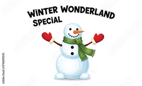 A cheerful snowman with a green scarf and red mittens isolated on white background for winter wonderland special