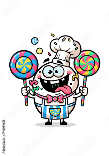 A cartoon style vector mascot of a candy chef holding lollipops. The character has a jolly expression, wears a chef's hat and apron, and is isolated on a white background with sprinkles