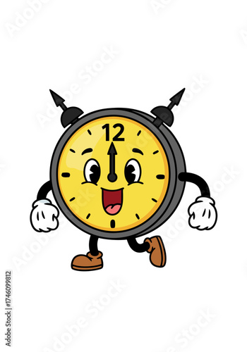 A cheerful cartoon clock character illustration features a yellow face, black hands, and brown shoes, set against a clean white background. This timekeeping mascot embodies a vintage design
