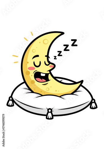 Cartoon illustration of a crescent moon sleeping soundly on a white fluffy pillow. Cute mascot character with sleepy expression and zzz symbols floating above. Vector graphic on a white background