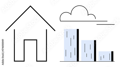 Simple house outline, cloud design, and vertical bar graph in descending order. Ideal for real estate, technology, sustainability, analytics, growth trends, data visualization simple flat metaphor