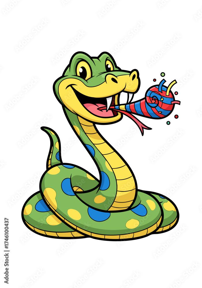 Fototapeta premium A cartoon vector of a cheerful green snake with blue spots and a yellow belly holding a party favor against a white background, perfect for celebratory or playful designs. The pixel art style adds a