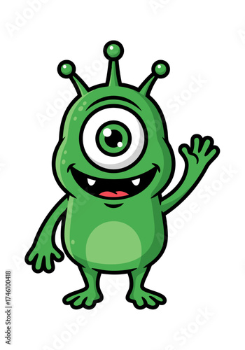 A cheerful cartoon illustration of a green one-eyed alien mascot waving, designed in a flat vector style. The character features a friendly expression and a simple, appealing design ideal for various