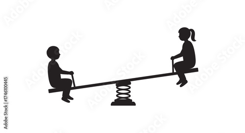 Two children silhouetted on a seesaw in a park playing and having fun on a bright day