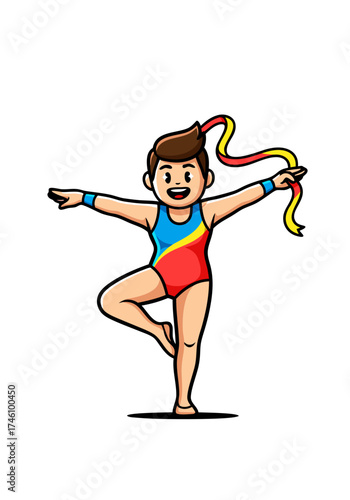 A cute cartoon vector mascot of a gymnast performing a rhythmic routine with a colorful ribbon. The gymnast is wearing a red, blue and yellow leotard on a white background