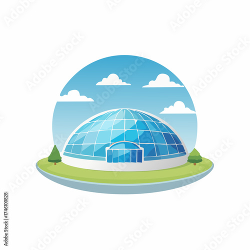 Geodesic Dome Building with Glass Panels and Green Landscape.