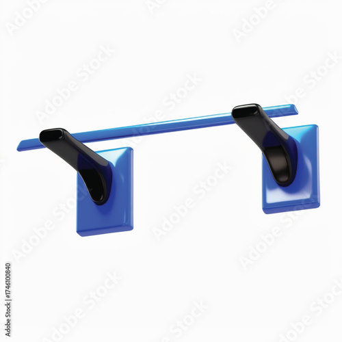 A blue plastic shelf with two black hooks attached to blue square bases, mounted on a white background.