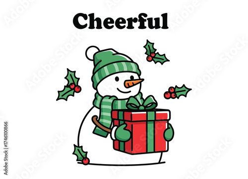 Cheerful snowman with gift isolated on white background for christmas holiday season greeting card