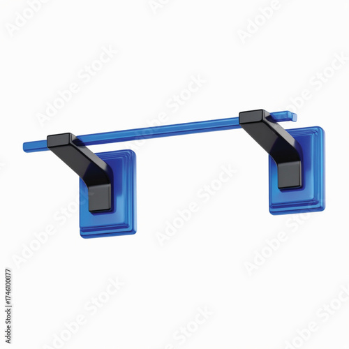 Blue towel rack with black holders and a horizontal bar for hanging towels.