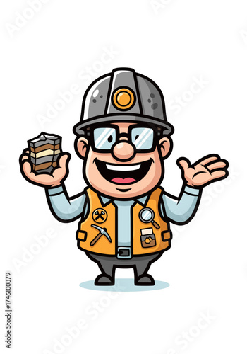 Cartoon style miner mascot smiling and holding geological sample. The character wears a helmet and vest. Vector illustration with a white background
