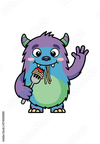A cartoon illustration showcases a furry purple, blue, and green monster cheerfully eating spaghetti with a fork while waving a hand. The pixel art style design features striped horns and a happy
