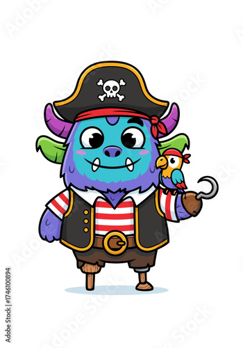 A charming cartoon vector illustration of a monster dressed as a pirate, complete with a parrot on its shoulder and a wooden peg leg, set against a clean white background