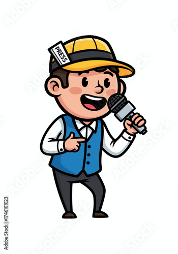 A cartoon mascot illustration of a news reporter character with a yellow hat and blue vest, holding a microphone. Vector illustration with isolated white background