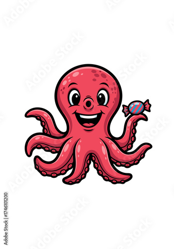 Cartoon style illustration of a pink octopus mascot cheerfully holding a candy. The character features a smiling expression and is set against a clean white background