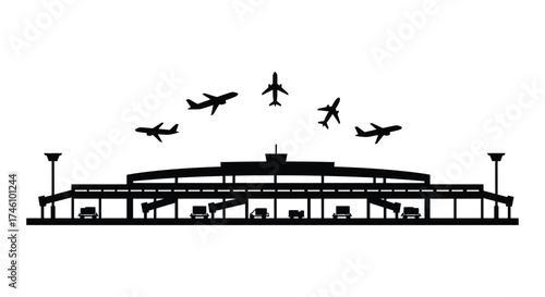 Modern airport terminal silhouette with airplanes flying overhead symbolizing travel and aviation journeys.