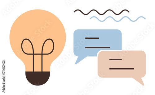 Lightbulb symbolizing innovation, two speech bubbles indicating communication, decorative lines adding visual interest. Ideal for creativity, teamwork, brainstorming, discussion, idea sharing