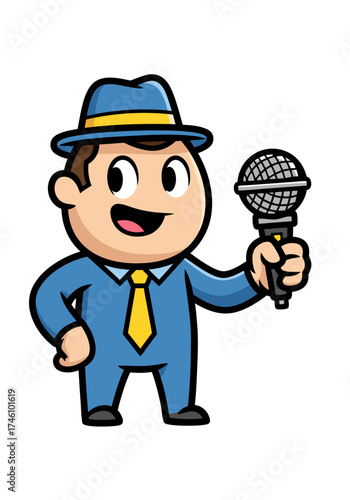 A cheerful cartoon mascot of a singer, dressed in a blue suit and yellow tie, holds a microphone. The vector design features a white background with upbeat expression. Great for music, karaoke or