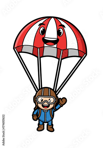 A cheerful cartoon skydiver mascot with a red and white parachute is featured against a clean white backdrop, creating a fun and adventurous image