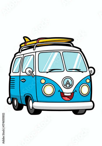 A cartoon style illustration of a blue and white camper van with a yellow surfboard on the roof rack. The van features a smiling face and is isolated on a white background