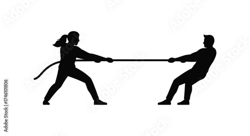 Dynamic silhouette of two people in intense tug-of-war competition showing strength and effort