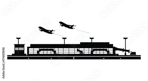 Modern airport terminal silhouette with airplanes in flight transportation and travel concept graphic element